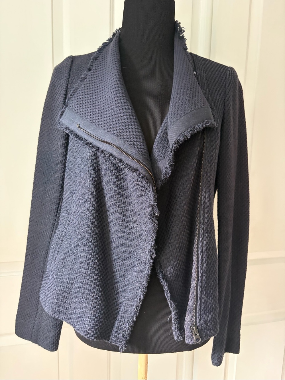 Vince Navy Waffle Knit Fringed Zip Jacket